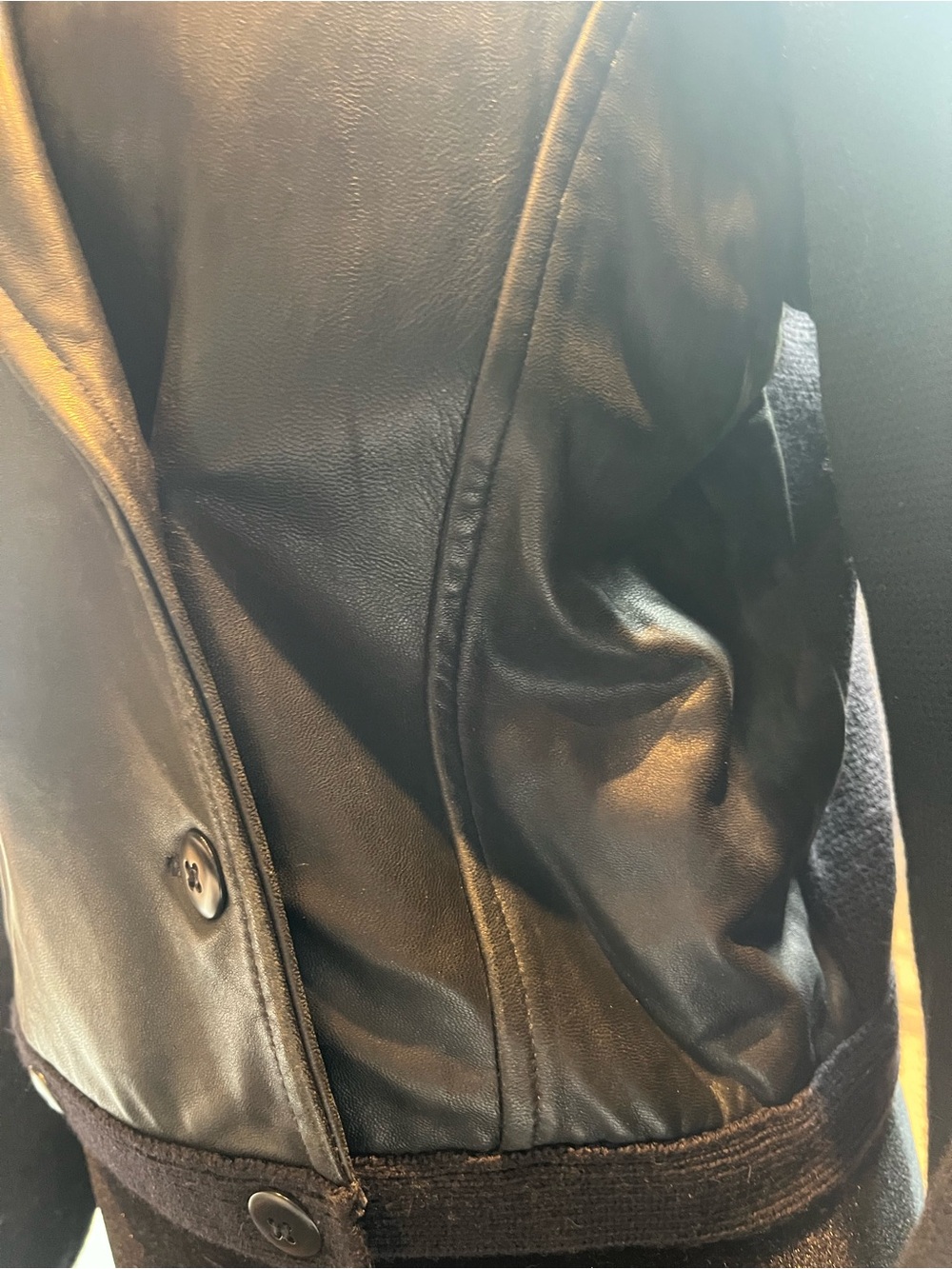 Vintage Anne Klein II Black Leather-Front Double-Breasted Jacket w/ wool sleeves - Picture 5 of 16